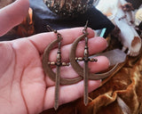 Moon & Dagger Earrings - Silver Plated /bronze Crescent Moon + Sword Dangle Earrings