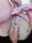 Moon & Sword Earrings - silver plated crescent moon + long blade dangle earrings