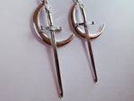 Moon & Sword Earrings - silver plated crescent moon + long blade dangle earrings