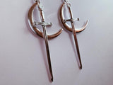 Moon & Sword Earrings - silver plated crescent moon + long blade dangle earrings