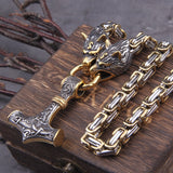 Never Fade Men stainless steel Wolf head norse viking amulet thor hammer pendant necklace viking king chain