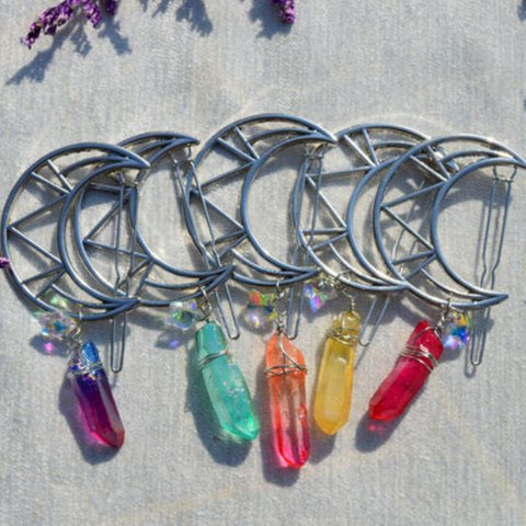 Raw crystal witch color moon bride hairpin crystal AB color five-pointed star crystal