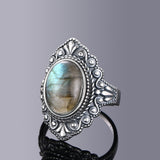 Vintage Oval Natural Labradorite Rings For Women Silver Ring Jewelry Finger Ring Gemstone Rings