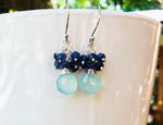 Seafoam Chalcedony Seed Pearl Earrings Handmade Gold Dangle Earrings with Pearl Clusters