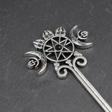 Silver Witch Hairstick Crescent Moon Goddess Sword Hairpin Wiccan Gothic Jewelry For Women Pagan Wicthcraft