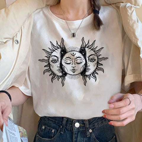Sun and moon print Harajuku top Tee vintage fashion new large size loose casual short sleeved T shirt streetwear women clothing|T-Shirts|