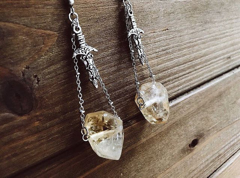 Sword Earrings, Raw Quartz Crystal Earrings, Botanical Earrings, Gothic Crystal Earrings, Boho Earrings
