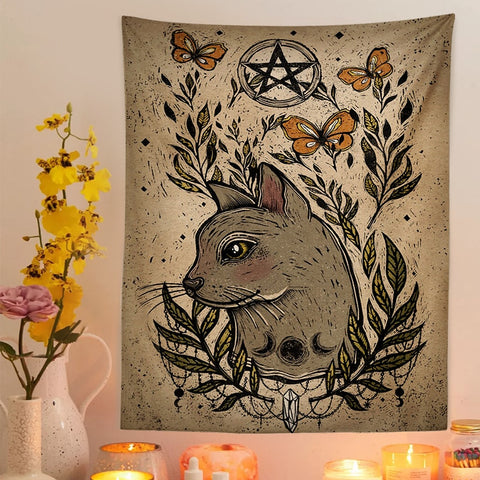Tarot Cat Mysterious Divination  Tapestry Wall Hanging Vintage Witchcraft Butterfly flowers  Occult Home Wall Decor Cat Coven  Wall Decor