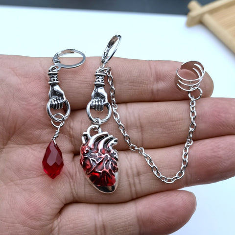 The Beating Heart Asymmetrical Cuff Earrings Chain Ear Cuff Clip Jewelry Gift,Witchy Gothic Vampire Spooky Boho Bohemian|Drop Earrings|