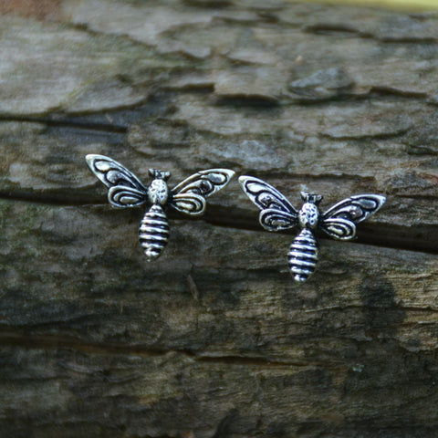 Tiny Antique Silver Bee Stud Earrings Honey Bee Animal Earrings Daily Jewelry For Women