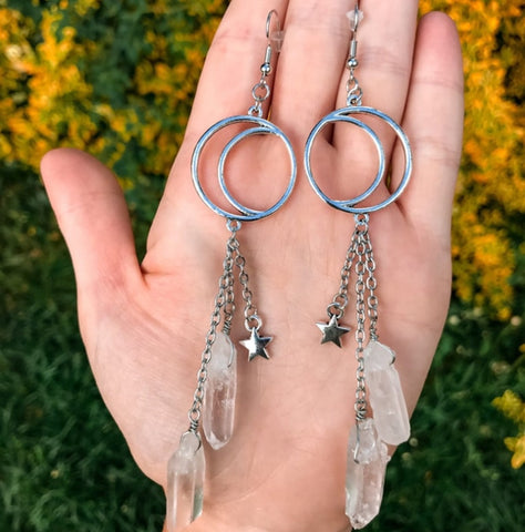 Triple Crescent Moon Natual Crystal Stone Dangle Earrings Gothic Occulet Witch Jewery