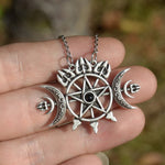 Triple Crescent Moon With Pentagram Necklace Seal Sigil of Spirit Pagan Jewelry Wiccan Gothic Necklace