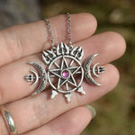 Triple Crescent Moon With Pentagram Necklace Seal Sigil of Spirit Pagan Jewelry Wiccan Gothic Necklace