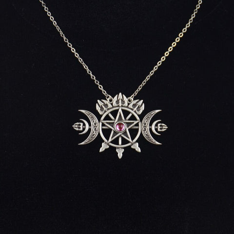 Triple Crescent Moon With Pentagram Necklace Seal Sigil of Spirit Pagan Jewelry Wiccan Gothic Necklace