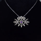 Triple Crescent Moon With Pentagram Necklace Seal Sigil of Spirit Pagan Jewelry Wiccan Gothic Necklace