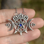 Triple Crescent Moon With Pentagram Necklace Seal Sigil of Spirit Pagan Jewelry Wiccan Gothic Necklace