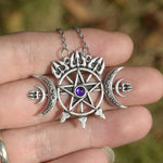 Triple Crescent Moon With Pentagram Necklace Seal Sigil of Spirit Pagan Jewelry Wiccan Gothic Necklace