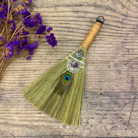 Wicca decor Witch broom pendant altar decoration crystal moon feather decoration Home Banish EvilPagan Home Protection gift