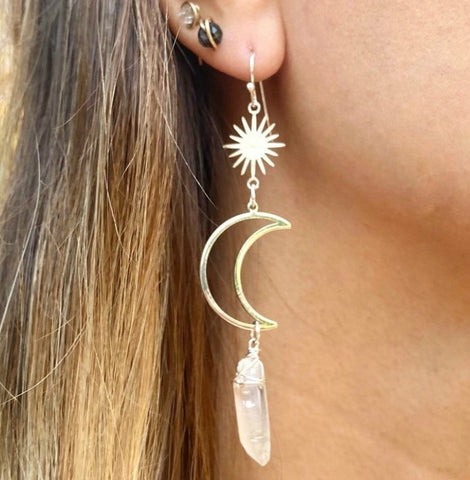 Witch Celestial Crescent Moon Quartz Dangle Earrings Wiccan Craft