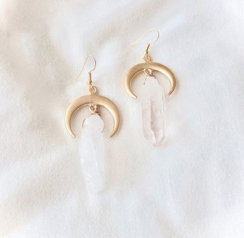 Witch Crescent Moon Crystal Quartz Dangle Earring Celestial Witch Jewelry Pagan Gift