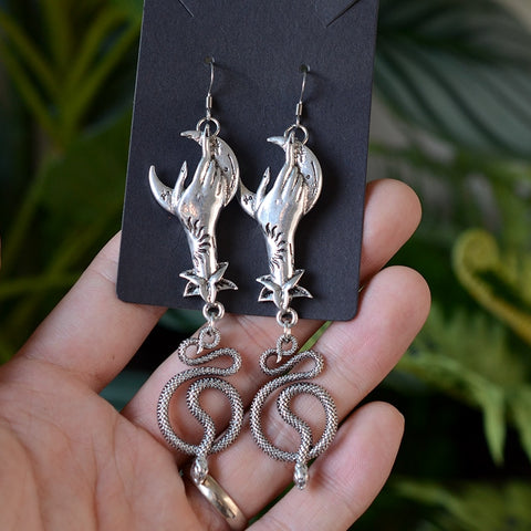 Witch Crescent Moon Hand Snake Dangle Earrings Serpent Earring Withy gift