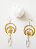 Witch Crescent Moon Sun Crystal Quartz Dangle Earrings Celestial Jewelry Occult Wiccan Gift