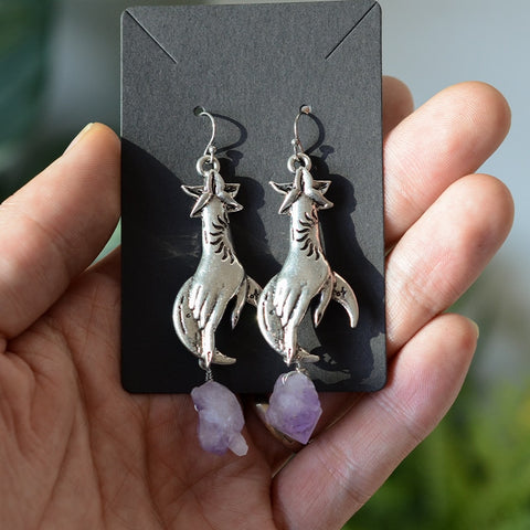 Witch Hand Statment Amethyst Drop Earrings Gothic Crescent Moon Hand Earrings Occult Wicca Gift