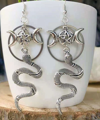 Witch Pentagram Crescent Moon Snake Dangle Earring Pagan Gothic Earrings Wiccan Jewelry