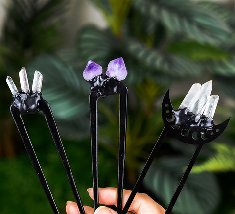 Witch Triple Crescent Moon Pentagram Crystal Amethyst Quartz Hair Stick Pagan Gothic Hairpin Wicca Occulet Goddness Hair Jewelry