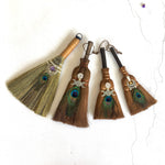 Witch decoration Big broom  feather crystal three-phase moon pearl pendant natural palm Large Wicca broom altar decoration