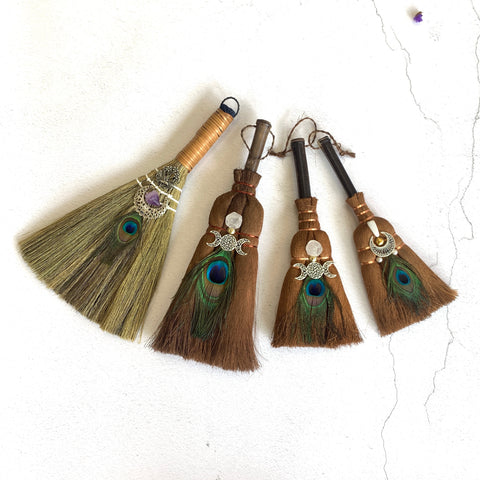Witch decoration Big broom  feather crystal three-phase moon pearl pendant natural palm Large Wicca broom altar decoration