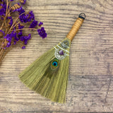 Witch decoration Big broom  feather crystal three-phase moon pearl pendant natural palm Large Wicca broom altar decoration