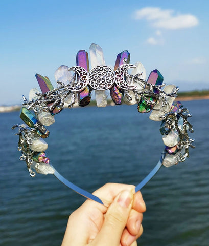 Magic Wicca~Witchcraft accessories raw crystal two-color stitching wicca ancient silver branches moon witch crown