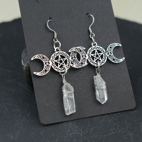 Witchy Celtics Moon Star Earring With White Crystal Gothic Trinity Knot Drop Earring