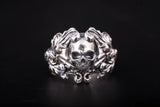 Solid Silver Skull Ring, Biker Ring, Gift for Biker, Skull Jewelry, Brutal Biker Ring, Leaves and Skull Ring, Unique Handmade Jewelry