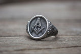 Freemason Square & Compass with Masonic Symbols Sterling Silver Ring