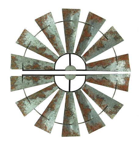 Pair of Distressed Metal Half Moon Windmill Wall Sculptures