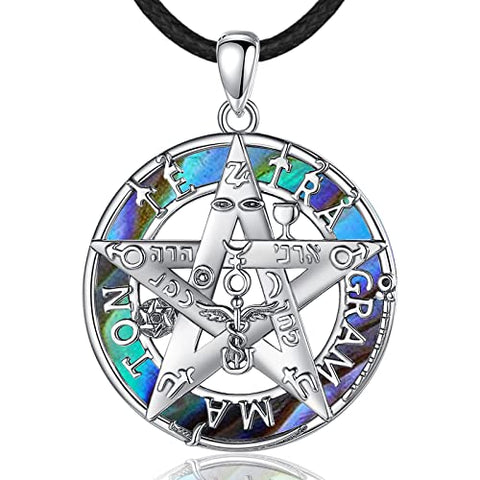 Vito Sterling Silver Tetragrammaton Necklace for Women Men, Abalone Shell 18k Gold Plated Pentagram Pendant, Wiccan Protection Amulet Pentacle Star Jewelry Gift for Wife Husband, 24"/18"/22"